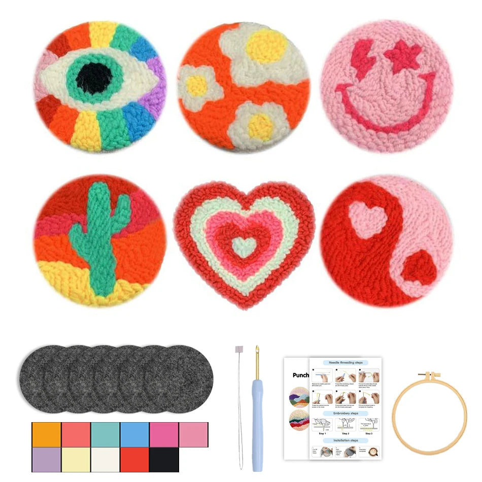 Set of colorful crochet coasters with tools and instructions on a white background