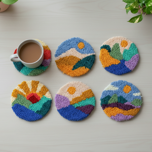 Colorful coasters on a table with a cup of coffee