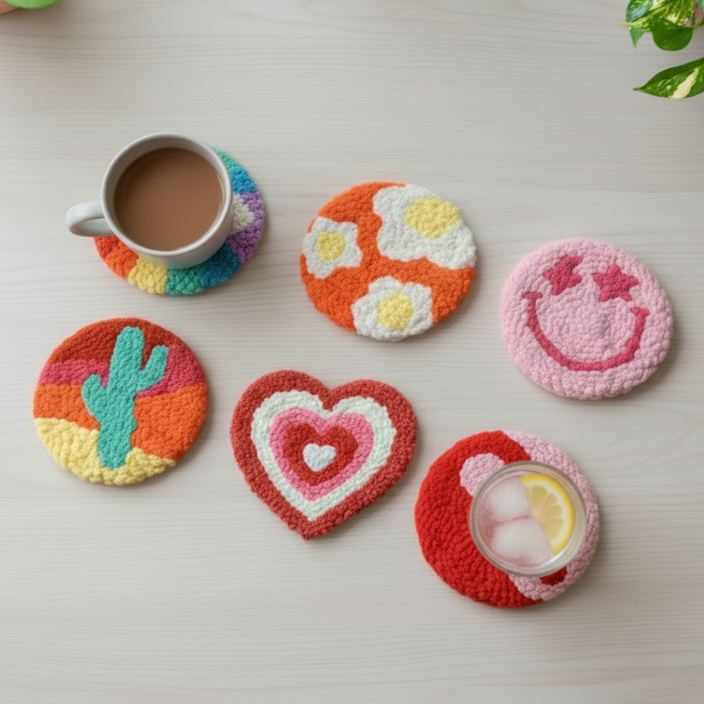 Colorful crocheted coasters on a light surface with a cup of coffee and a glass of lemonade.